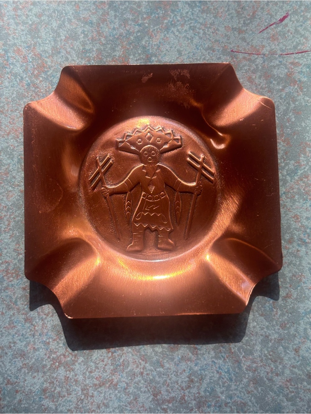 Tiny Vintage Mexican Copper Ashtray – Embossed Mesoamerican Figure – Mid Century